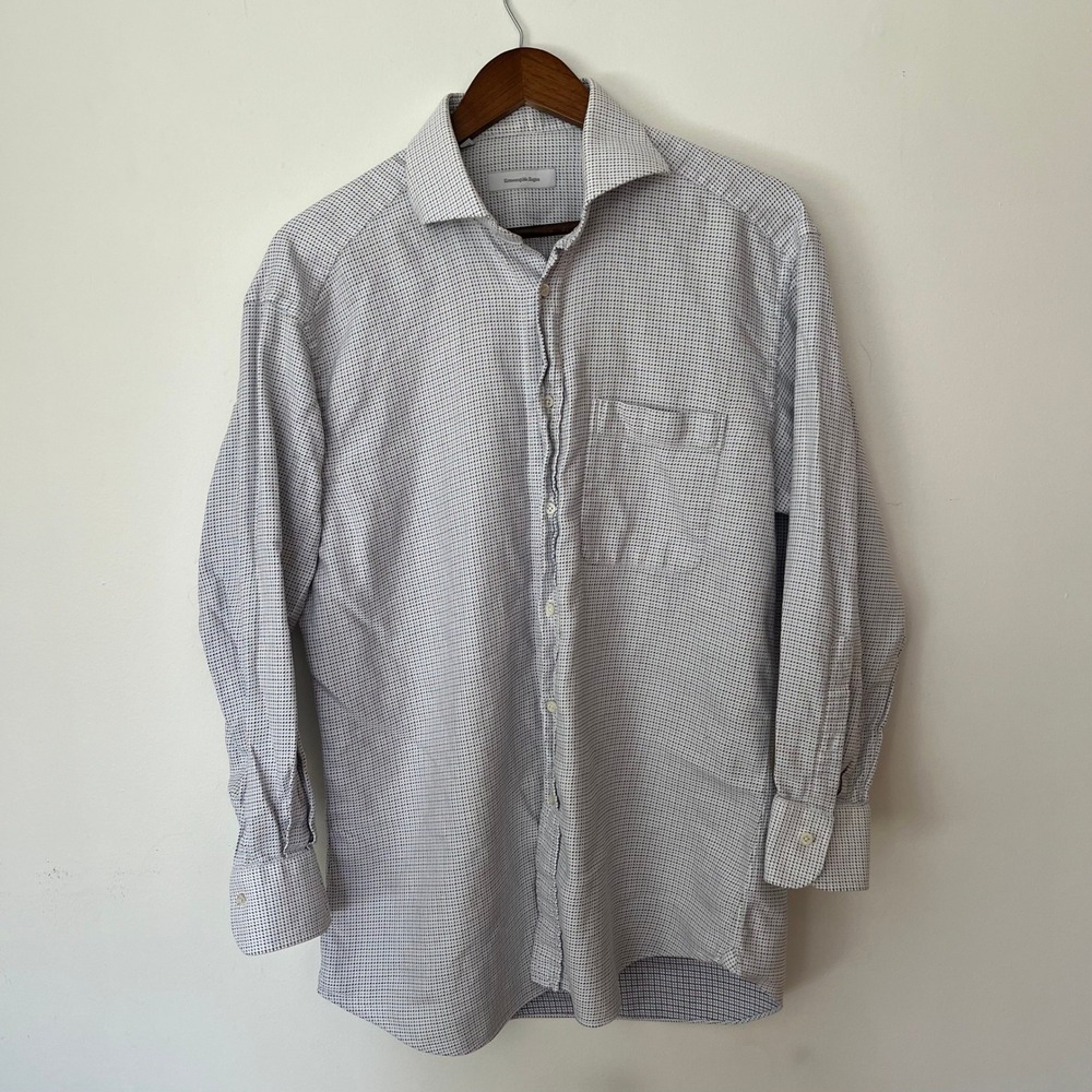 Ermenegildo Zegna Mens Micro Check Button Down Shirt Blue White 16.5 42 Italy